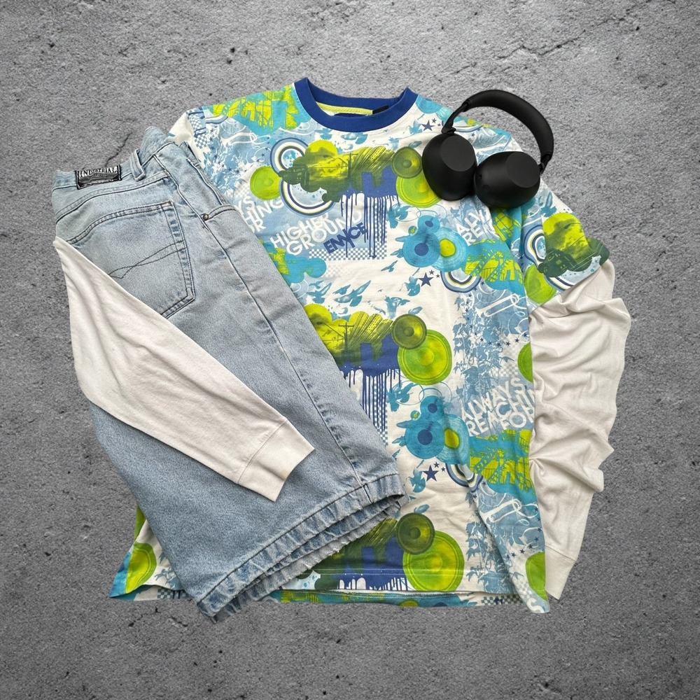 Vintage Enyce All Over Print T-Shirt XXL Blue Green Y2K‎ Streetwear Boxy Fit